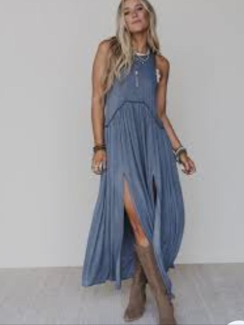 POL Sleeveless Blue Daisy Chain Small Maxi Dress with Front Slits
